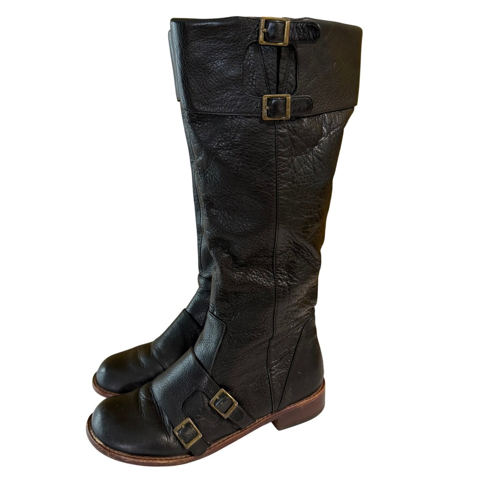 Gee WaWa Leather Buckle Moto Riding Tall Boots Size 8 Steampunk Goth Black